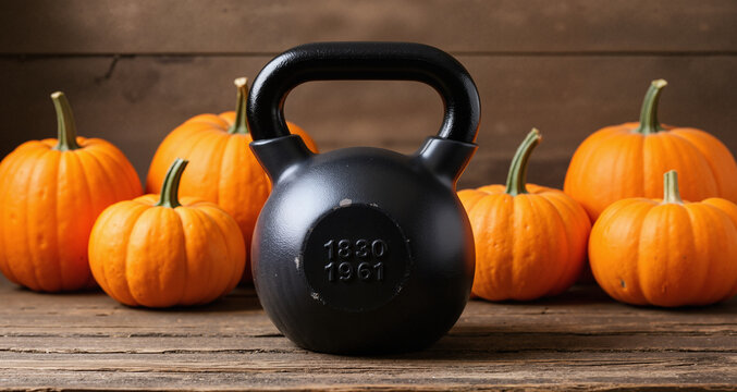 Heavy kettlebell with Halloween pumpkins on wooden background. Healthy fitness lifestyle autumn composition.
