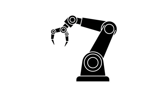 Black silhouette of an industrial robotic arm isolated on a white background for manufacturing