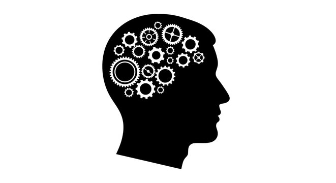Black silhouette of a human head profile containing mechanical gears isolated on white background
