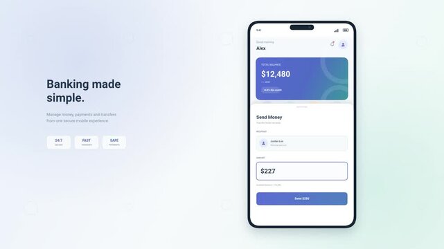 Mobile Banking App User Interface Concept with Money Transfer Animation