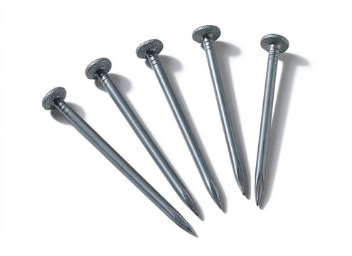 Five grey metal nails arranged diagonally on white