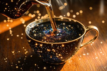 Fototapeta premium Pouring liquid into a luxury teacup creating a sparkling universe galaxy with cosmic stars