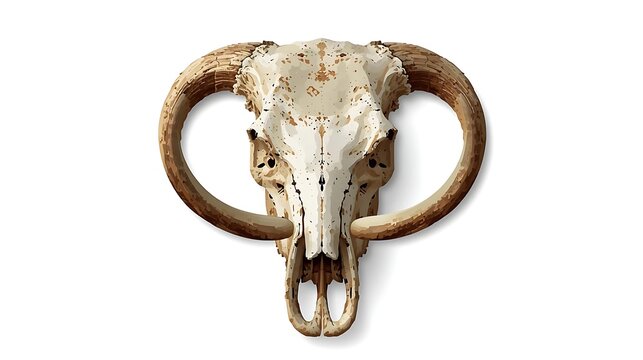 Front view of a horned animal skull on white