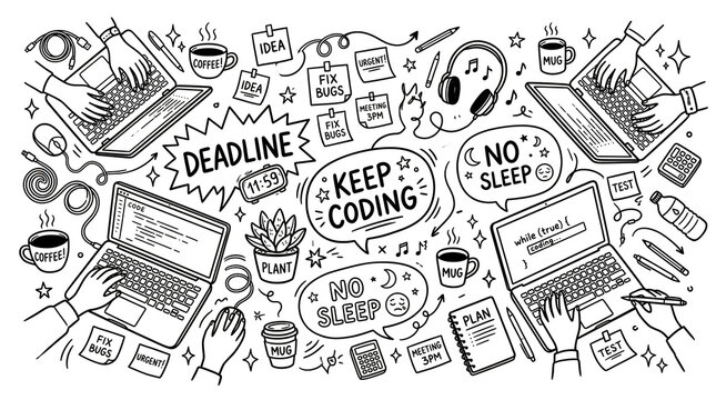 Coding doodle illustration vector set with laptops, coffee, and programming elements