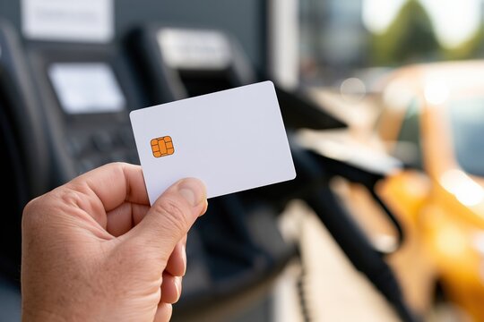 Male hand holding blank white credit card at