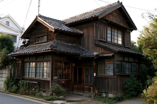 瓦屋根と木製建具が特徴的な昔ながらの二階建て日本家屋