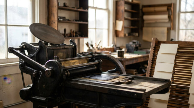 Letterpress workshop vintage press print shop paper stack wooden shelf studio interior metal machine craft room print block typography art