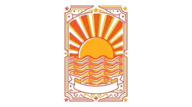Retro Vintage Sun Ocean Waves Illustration Badge Border Frame Orange Red Yellow Sunrise Sunset Summer Vacation Label Template Poster Background Layout