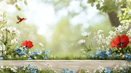 Fototapeta premium Vibrant garden scene featuring colorful flowers, lush greenery, and hummingbird in flight, evoking sense of tranquility and beauty