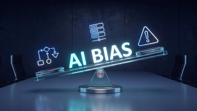 AI bias concept for algorithm fairness ethical artificial intelligence machine learning discrimination risk data imbalance and responsible technology governance