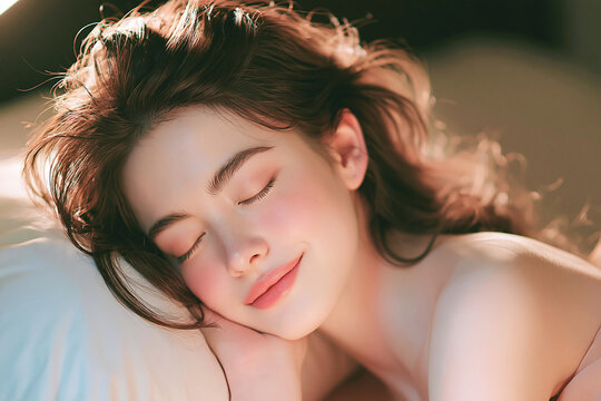 Close-up portrait of beautiful serene young woman sleeping peacefully in bed on white pillow with glowing skin in morning sunlight for beauty skincare wellness concept