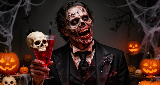 red cocktail with skull halloween party concept
