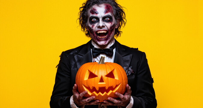 Photo of scary dead man on halloween wearing classical suit and creepy makeup holding carved pumpkin, isolated over yellow background
