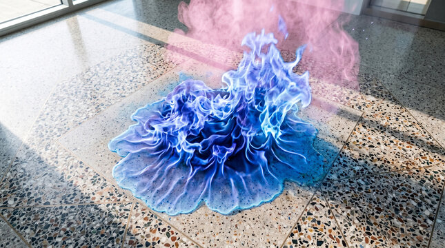 Brilliant blue liquid fire burning intensely on smooth polished concrete tiles inside a bright modern lobby