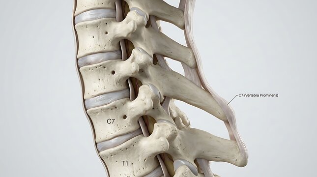 Anatomical side view of cervicothoracic junction showing C7-T1 intervertebral disc, facet joint and ligaments