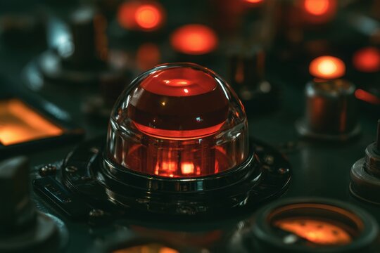 Close-up of a glowing red emergency warning light on a vintage control panel