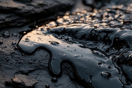 Black crude oil creating a messy spill on a dark, textured surface, reflecting light