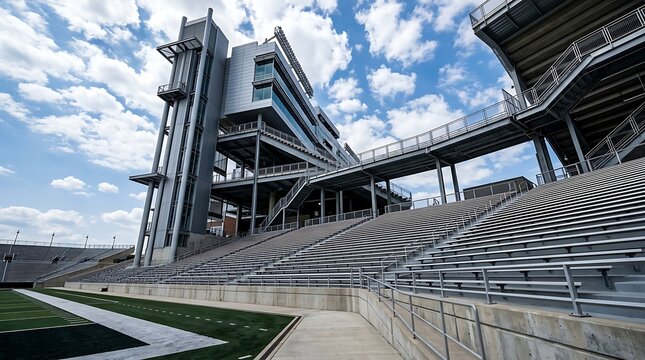 Empty modern football stadium grandstand bleachers with press box tower on sunny day cloudy sky sports arena exterior view