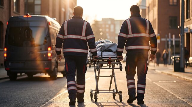 Two paramedics pushing a patient on a medical stretcher towards an ambulance on a sunny city street for emergency response and healthcare services concept.