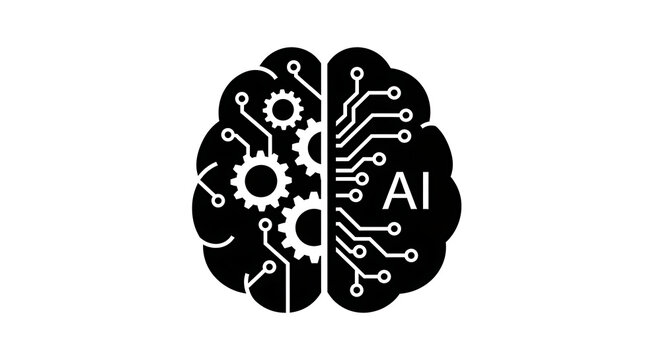 Black silhouette icon of a human brain with gears and circuit board patterns isolated on white