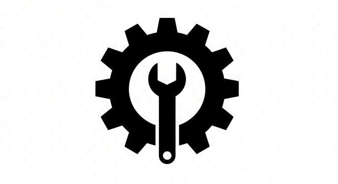 Black gear icon with a wrench silhouette isolated on a white background for industrial design