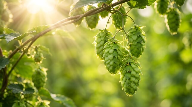 Green hop cones hanging on a vine in a sunny field during harvest season for craft beer brewing industry and organic agriculture production concept