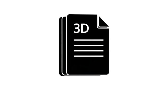 Black 3D file format icon isolated on a white background representing digital document storage