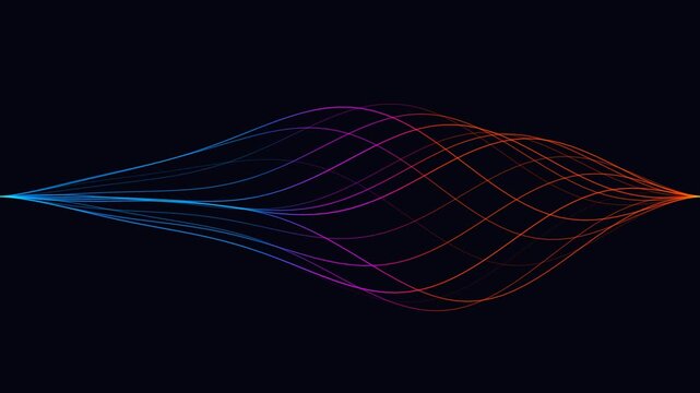 Abstract digital wave with glowing lines in blue, purple, and orange on a dark background for technology concepts