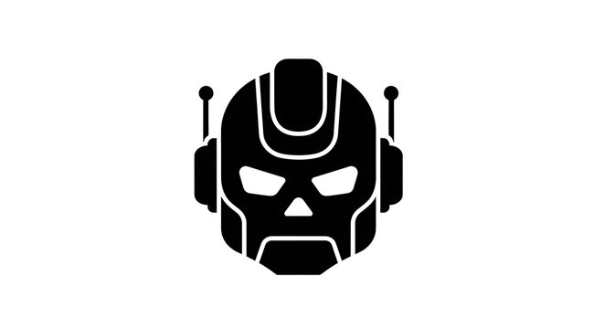 Black robot head icon isolated on a white background as a digital technology graphic element