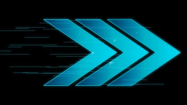 Futuristic glowing blue arrows in motion, symbolizing progress and speed on a dark background
