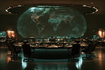 Plakat Team of people meeting in a futuristic command center with a large world map display