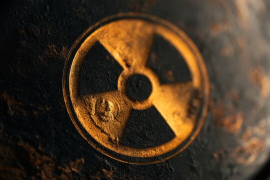 Radiation symbol on a dark, textured surface, indicating danger and radioactive material
