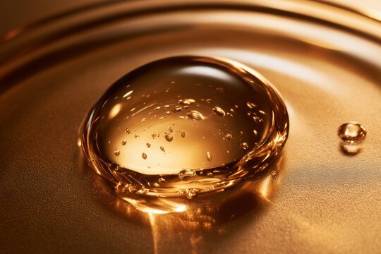 Gold liquid droplet with tiny air bubbles reflecting light on a textured golden surface