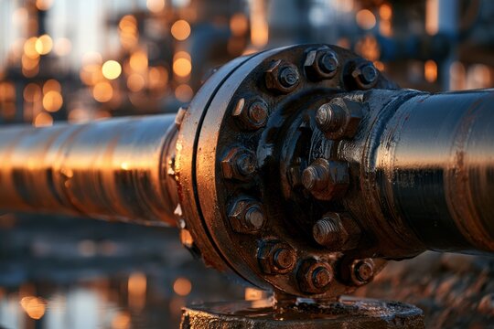 Industrial pipeline connecting sections with bolted flanges reflecting golden sunset light
