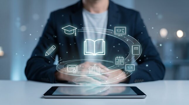 Academic professional using digital tablet with holographic education icons for online learning management and school administration in modern institutional office environment