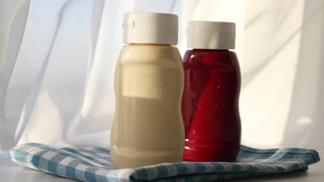 Two condiment bottles, ketchup and mayonnaise, stand on a checkered cloth