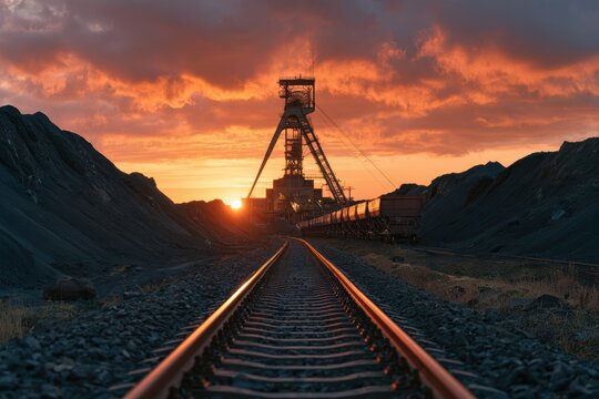 Coal mining industry headframe and railway cars with coal piles at a dramatic sunset
