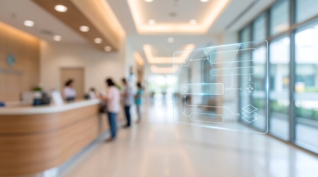 Digital patient flow management interface with clinical icons in blurred hospital reception area for modern healthcare administration and service coordination systems