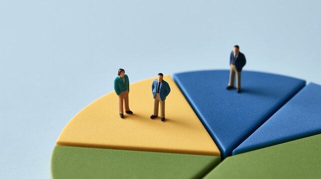 Miniature business people standing on colorful pie chart