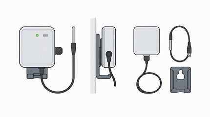 Obraz premium Electric vehicle charging stations and cables vector illustration