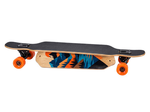 High-quality 3D render of a longboard, isolated on dark background