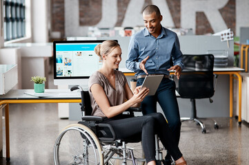 Office, meeting and woman in wheelchair with tablet for creative agency, review and publishing....