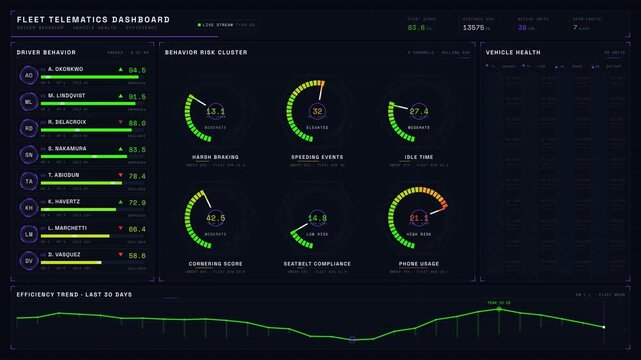 A detailed fleet telematics dashboard showcasing driver behavior, vehicle health, and efficiency metrics with vibrant colors and an engaging layout for data analytics.