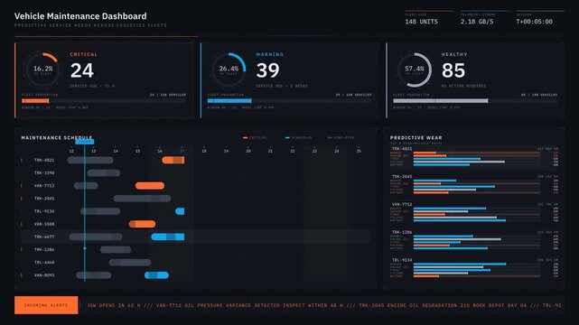 A detailed vehicle maintenance dashboard showcasing predictive service needs across logistics fleets with a modern industrial design in deep graphite and vibrant orange accents.