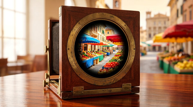 Vintage wooden bellows camera capturing vibrant outdoor vegetable market scene with focus on colorful fresh produce