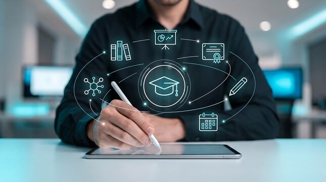 Business professional using stylus on digital tablet with glowing educational icons for corporate training and academic development programs in modern office environment with connectivity