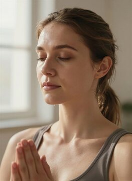 Young Woman In Foreground With Eyes Closed Appearing To State Of Meditation Prayer Skin Glistening Moisture Droplets Suggesting