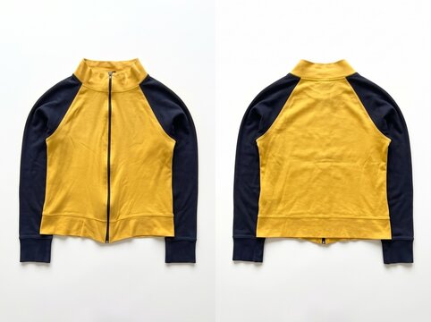 Front and back view of a yellow and navy blue sports jacket isolated on white.