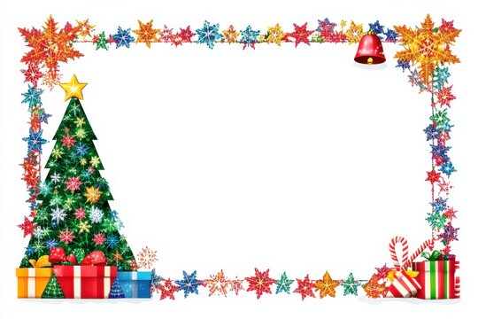 Fractal star rectangular frame with christmas and new year holiday decorations, greeting card layout design template