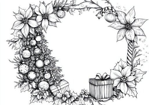Floral wreath circular frame with christmas and new year holiday decorations, greeting card layout design template